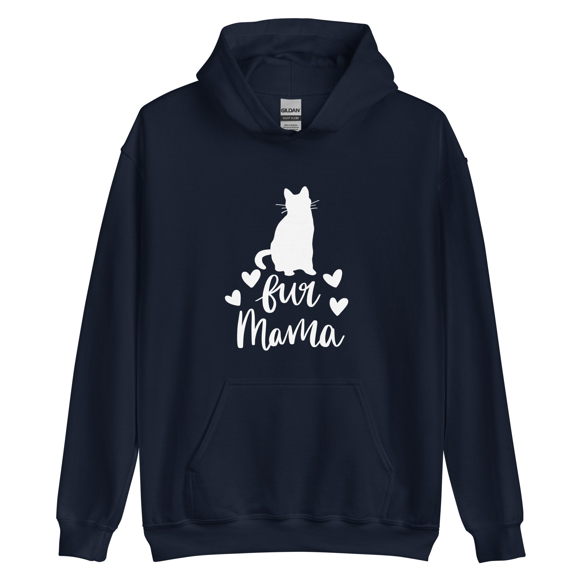 Navy blue hoodie with "fur mama" cursive text and cat silhouette and 4 hearts