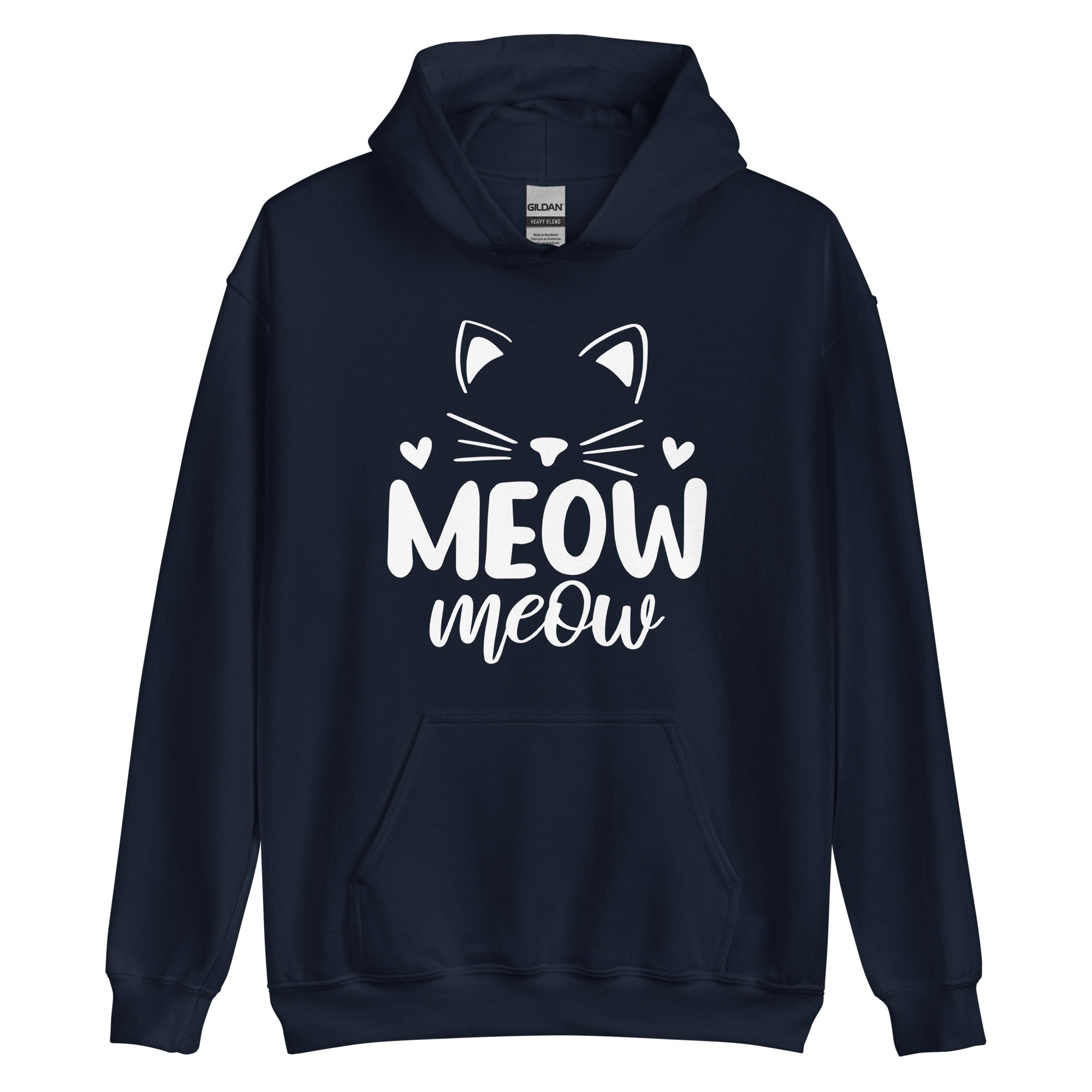 Navy blue hoodie with cat head outline over "meow meow" text