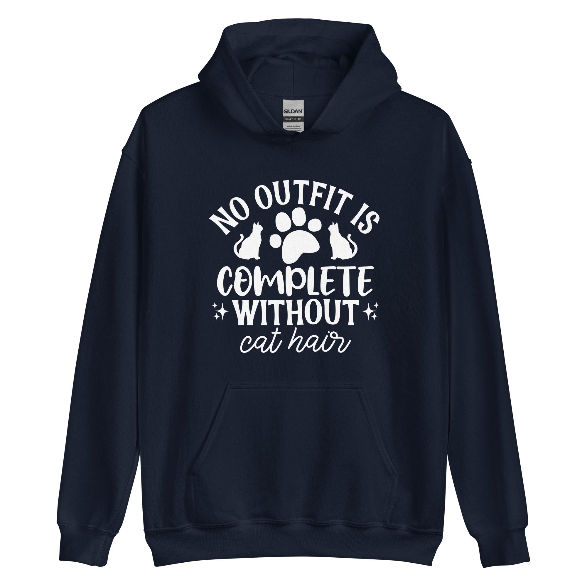 Navy blue hoodie with text "No outfit is complete without cat hair" with a paw print and 2 cats