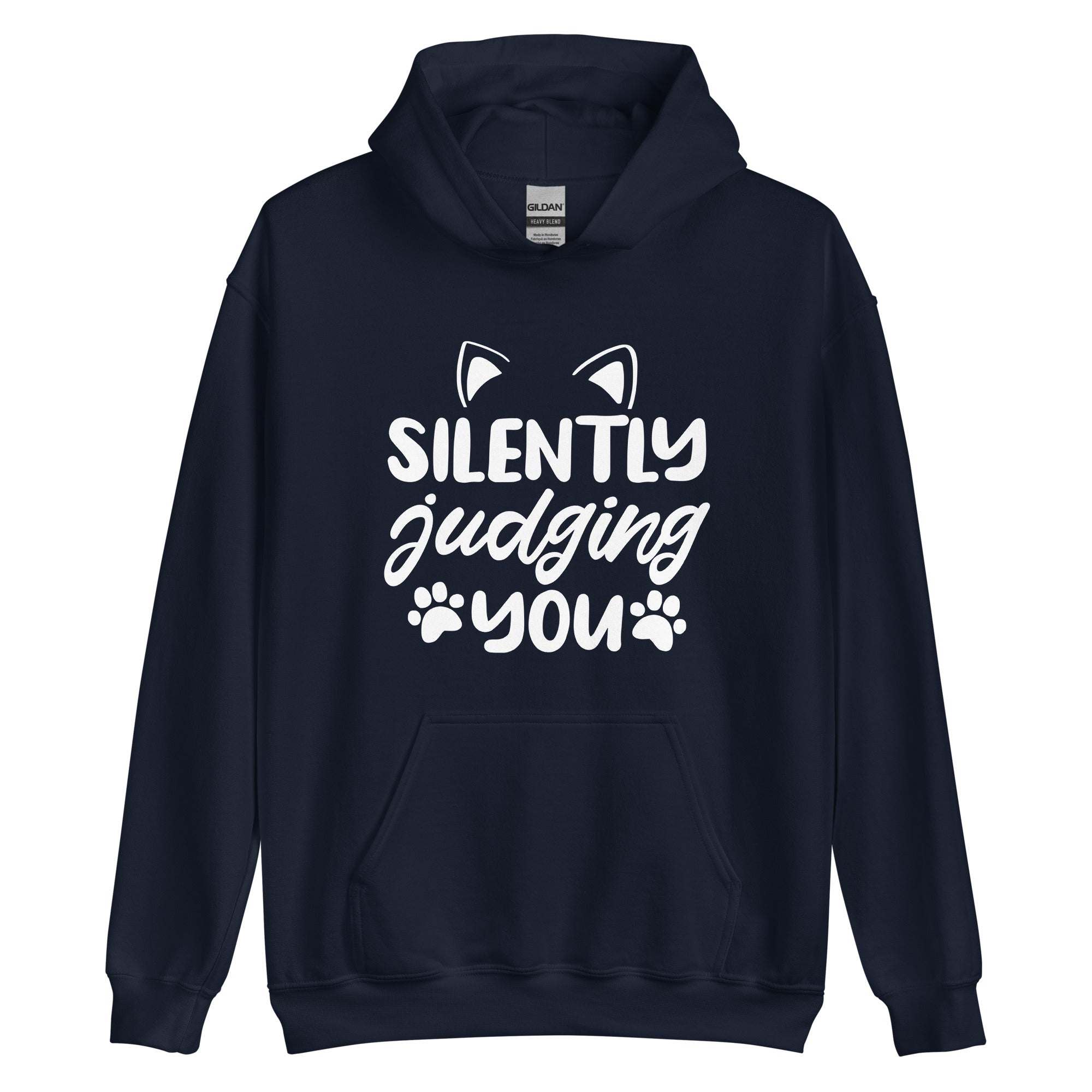 Navy blue cat hoodie with "silently judging hoodie" text and cat ear and paw print graphics