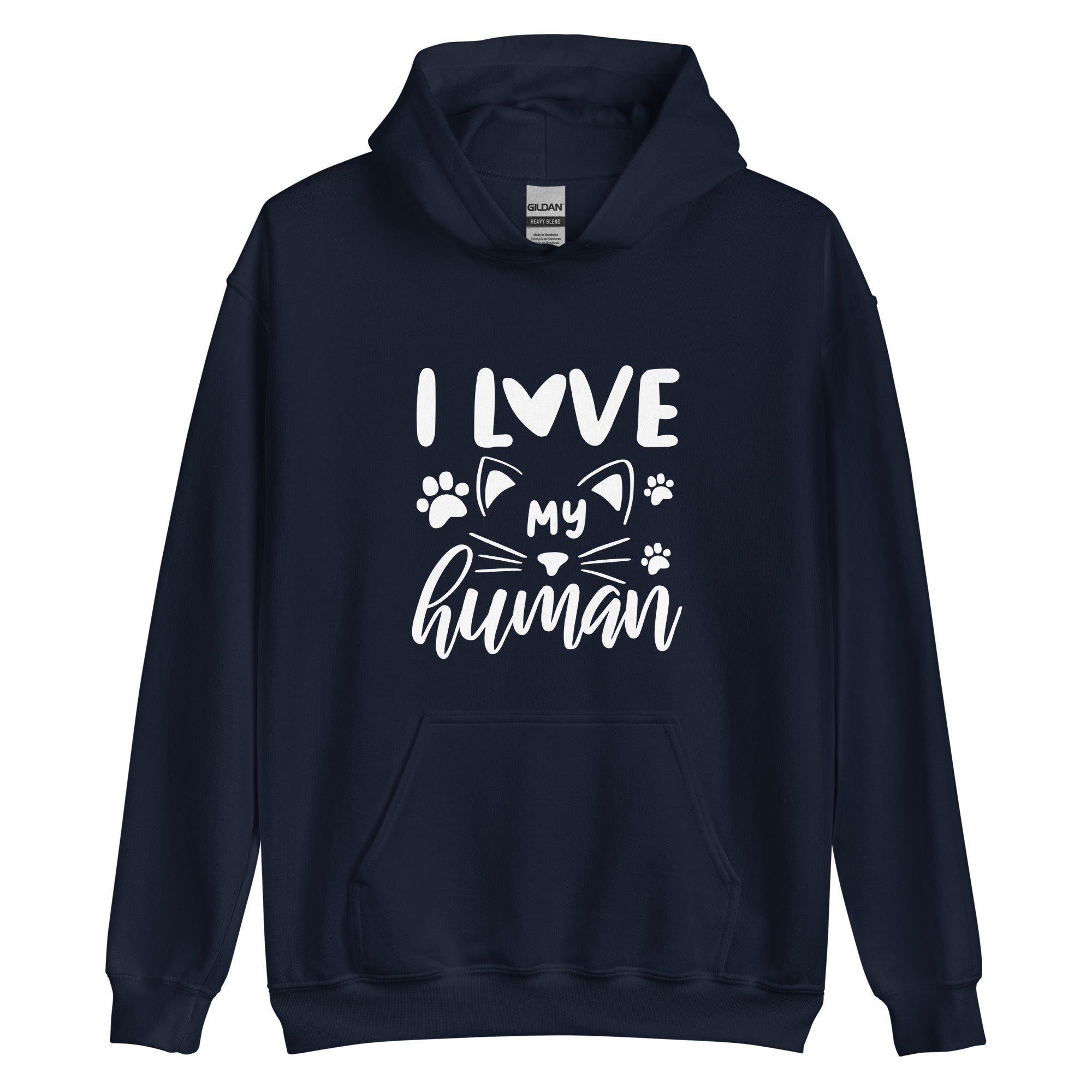 Navy blue cat hoodie "I love my human" text over cat with pawprints 