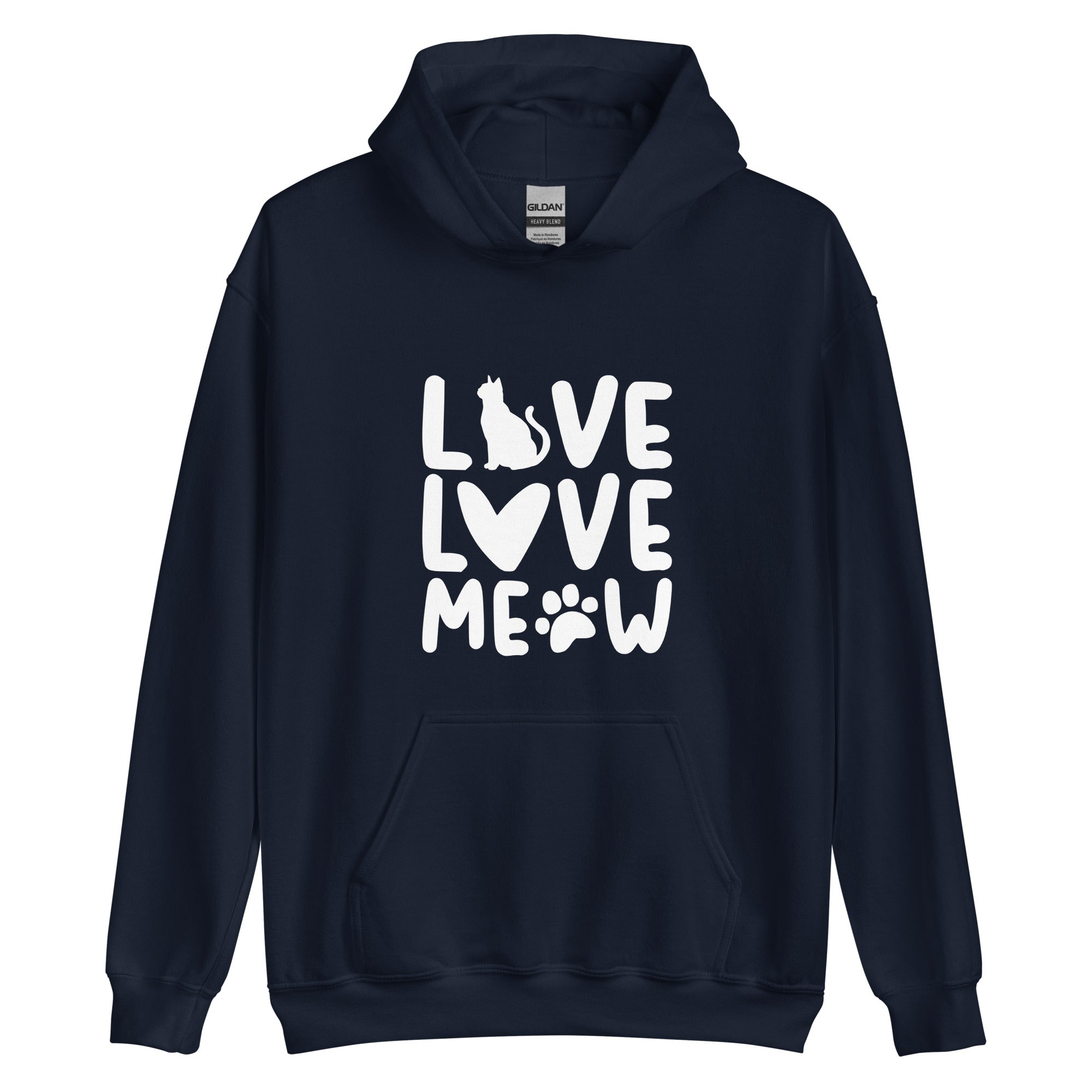 Navy blue cat hoodie with "Live Love Meow" stylized text