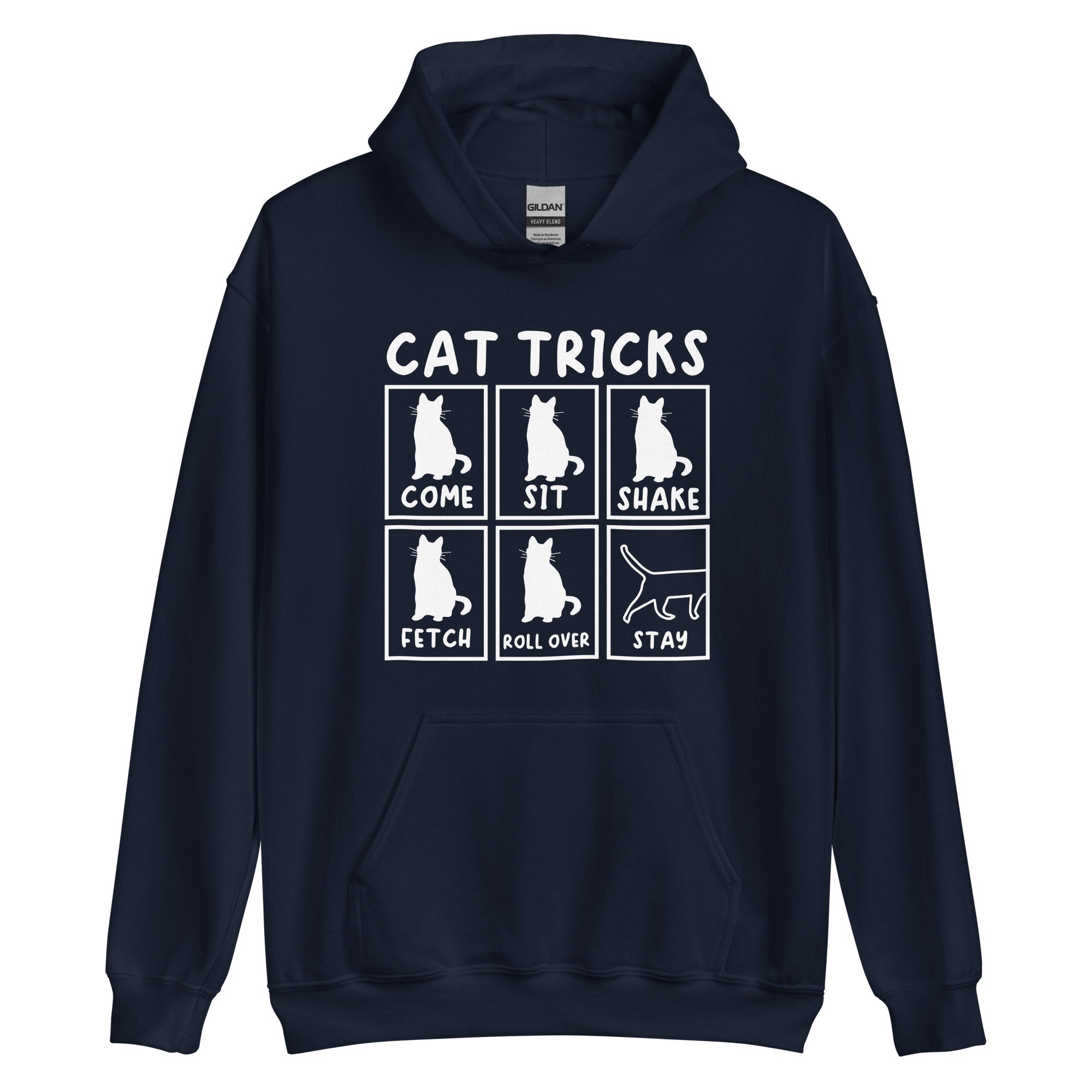 Navy blue Cat Tricks hoodie with pictures of cats performing tricks