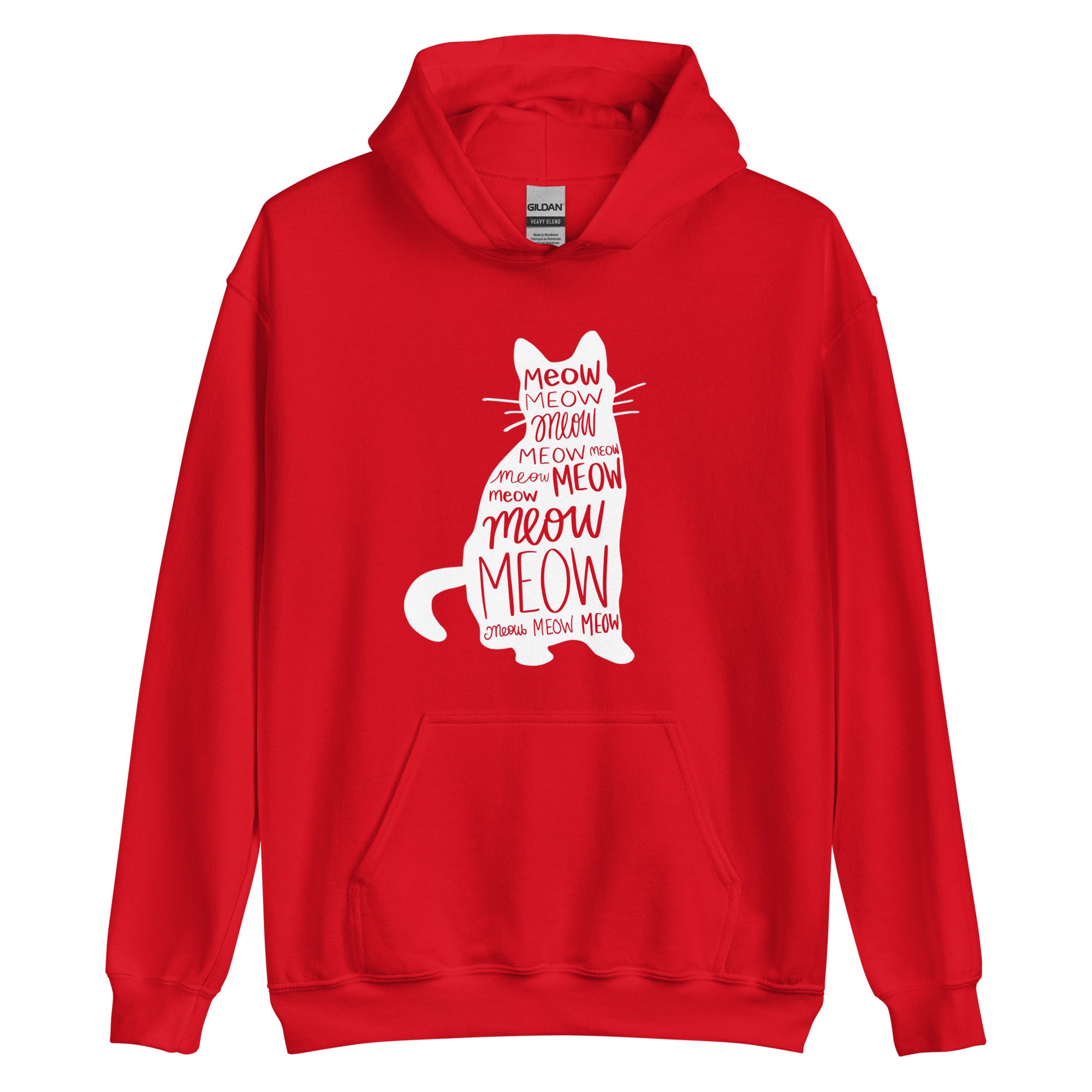 Red cat hoodie with meow text