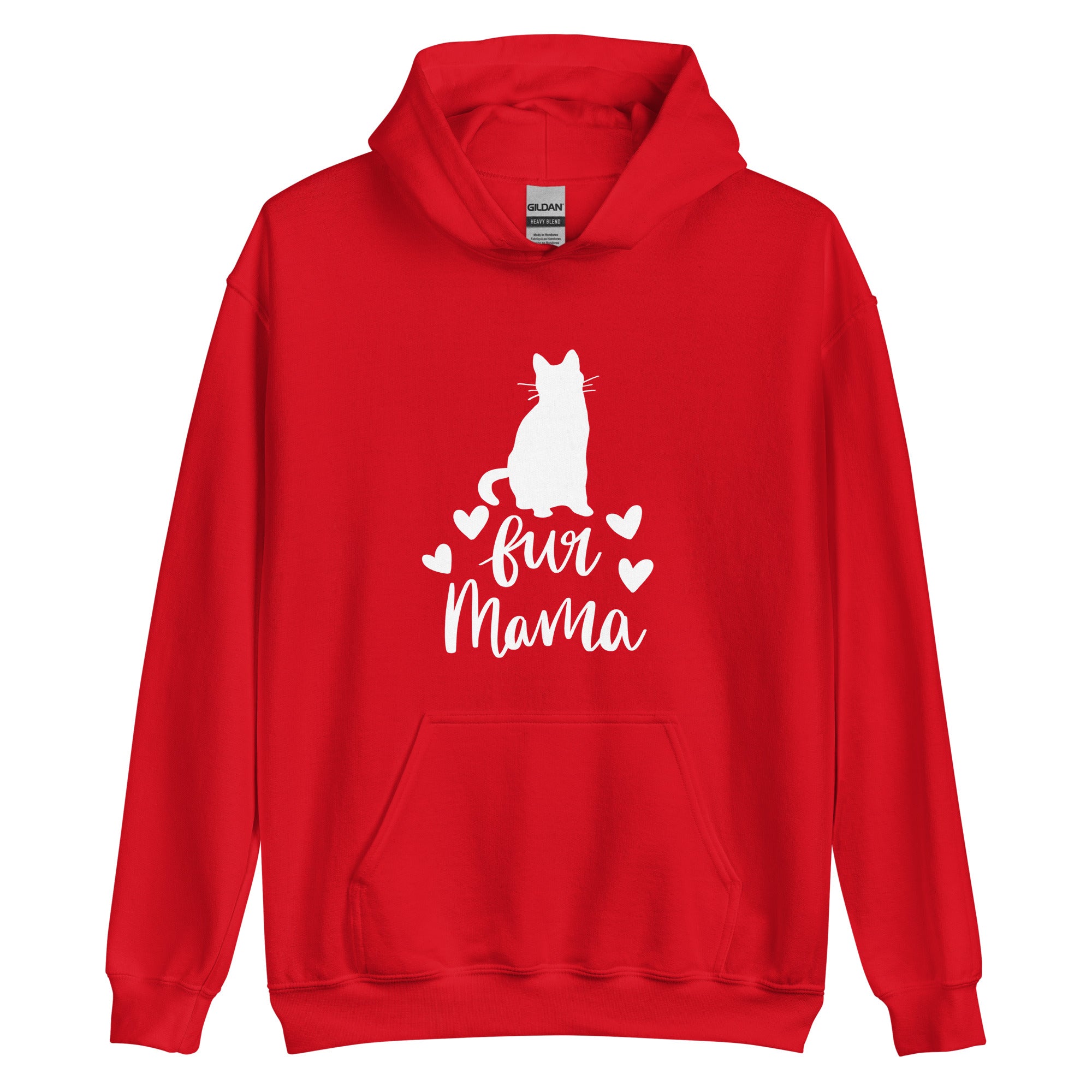 Red hoodie with "fur mama" cursive text and cat silhouette and 4 hearts