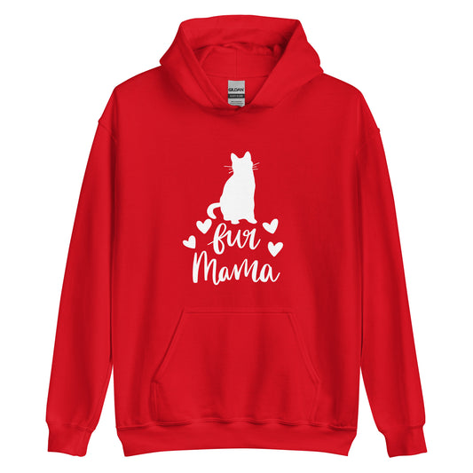 Red hoodie with "fur mama" cursive text and cat silhouette and 4 hearts