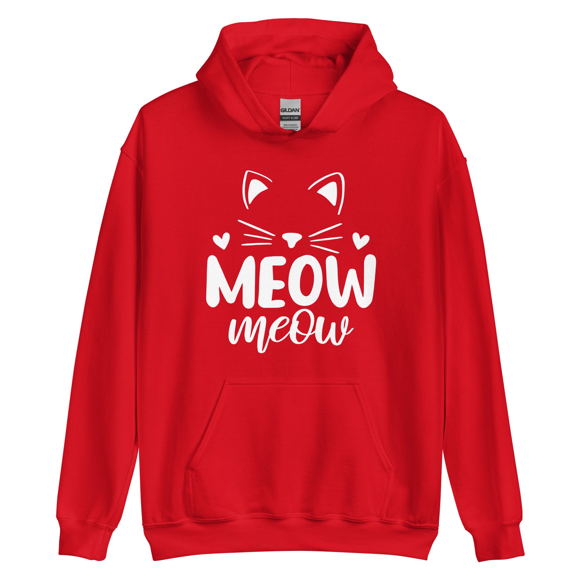 Red hoodie with cat head outline over "meow meow" text