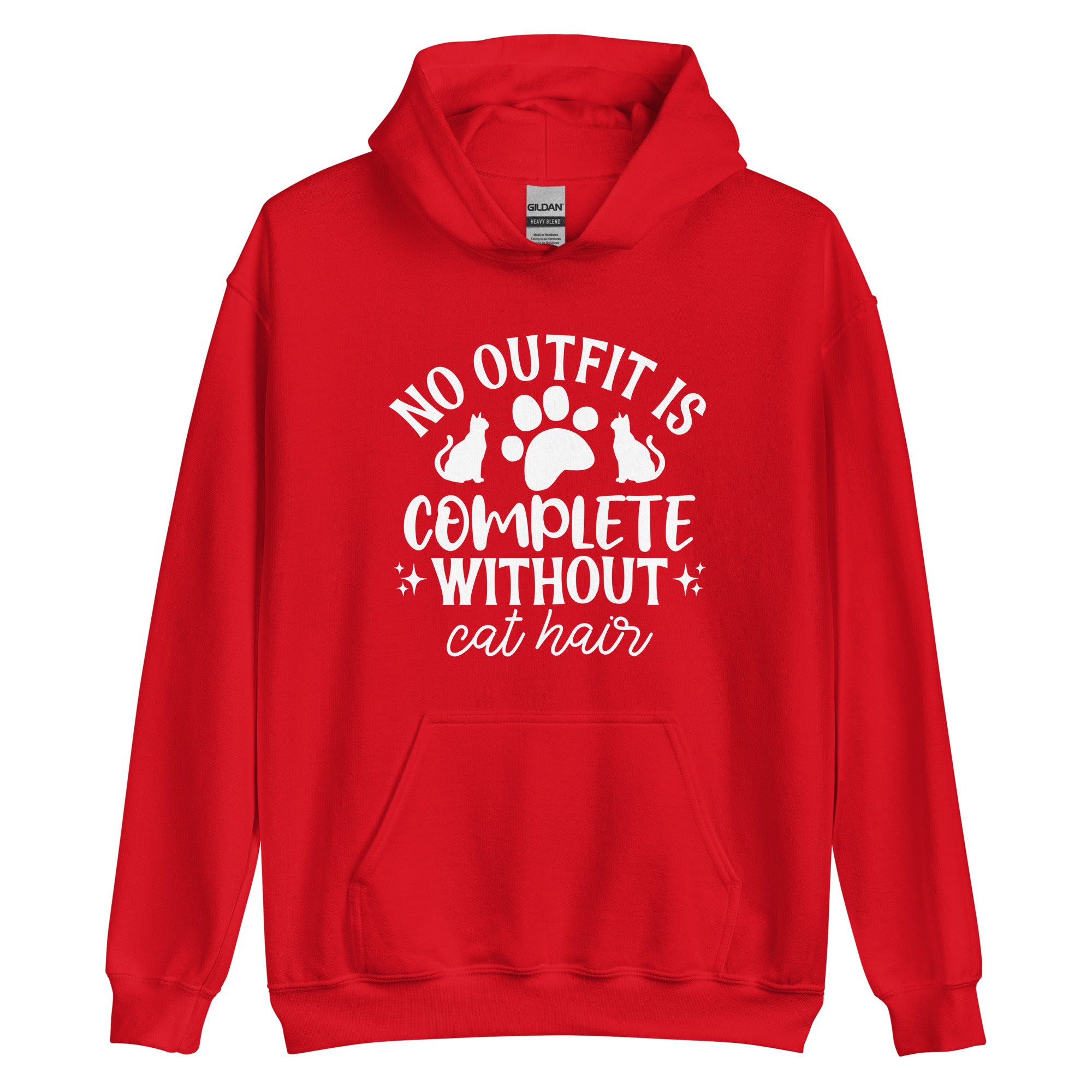 Red hoodie with text "No outfit is complete without cat hair" with a paw print and 2 cats