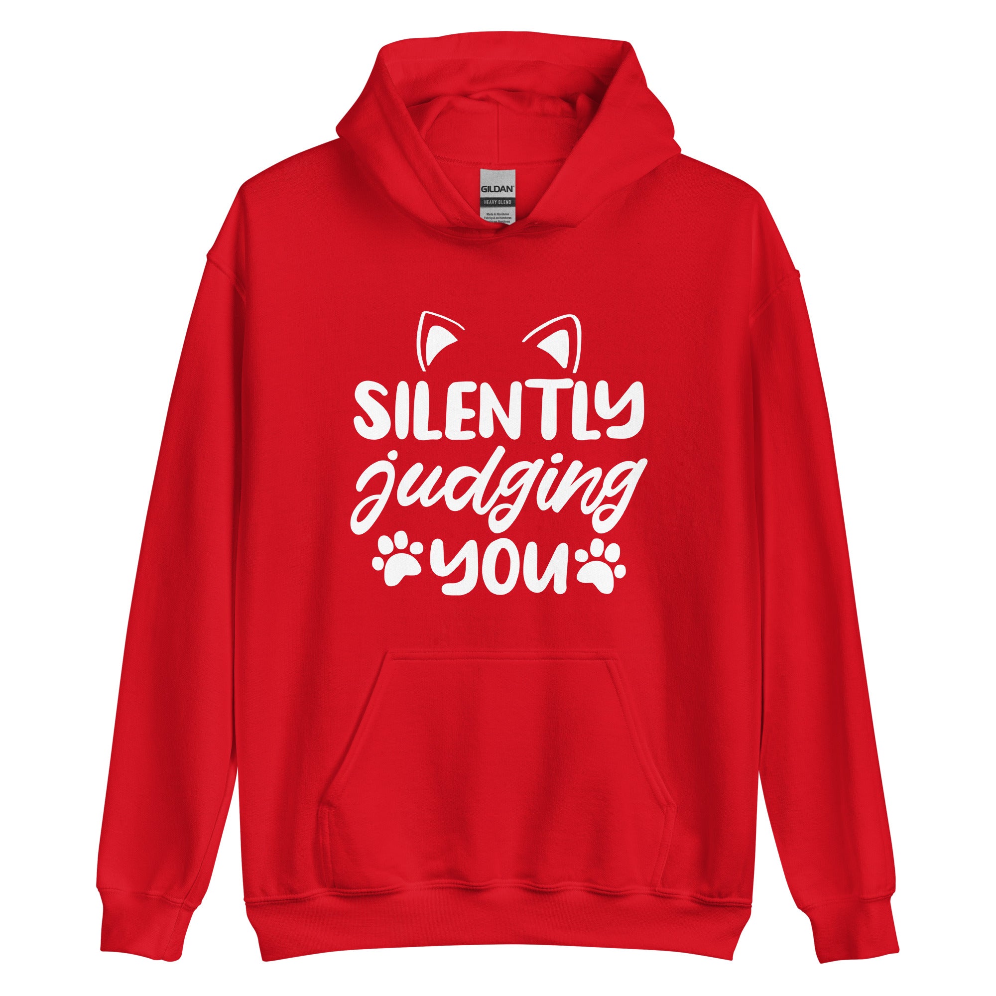 Red cat hoodie with "silently judging hoodie" text and cat ear and paw print graphics