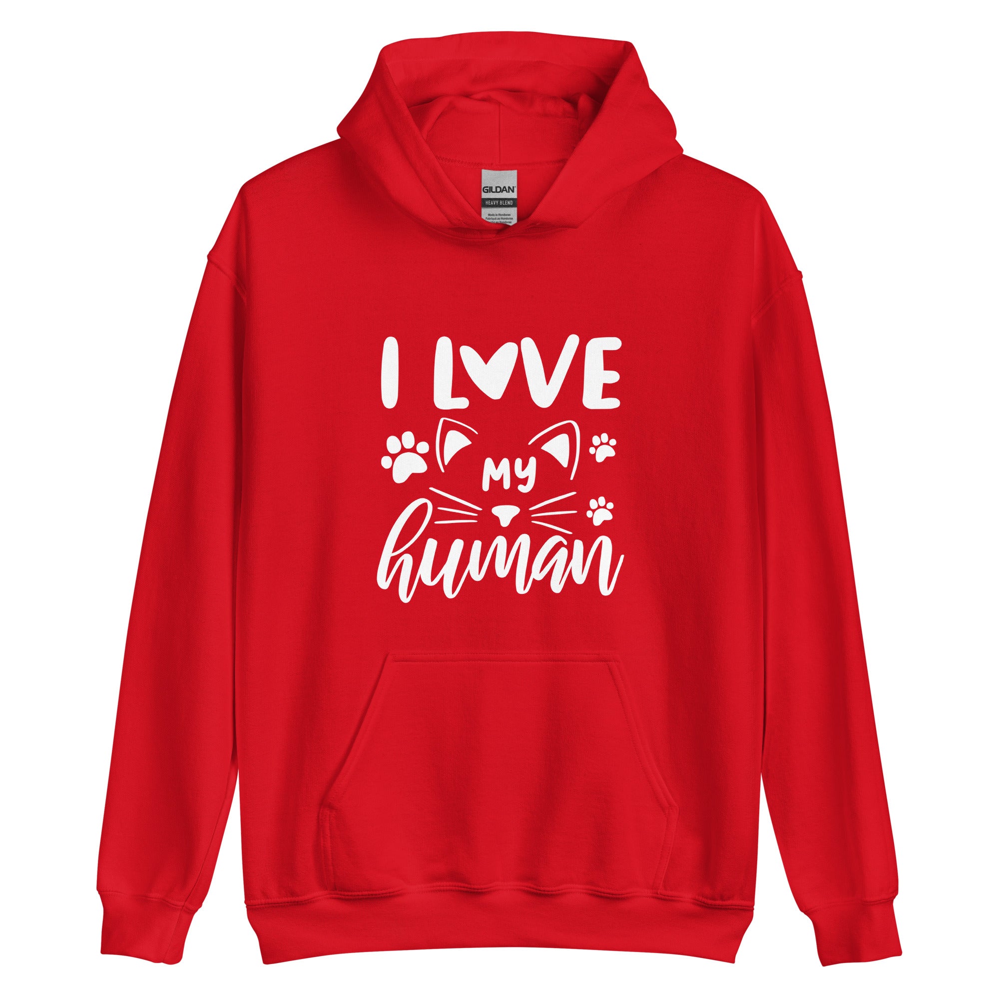 Red cat hoodie "I love my human" text over cat with pawprints 