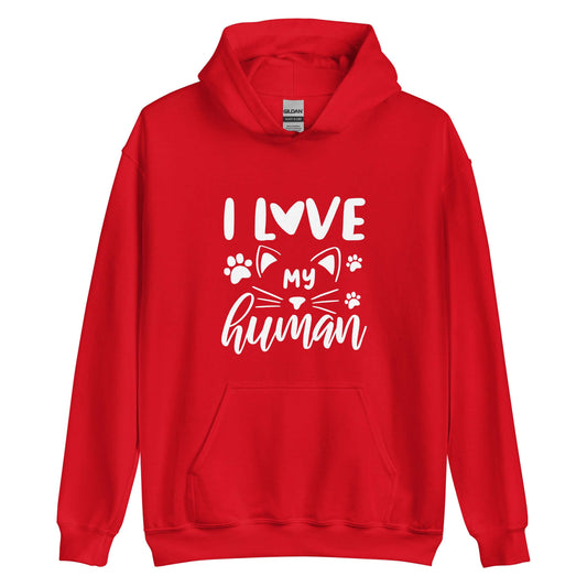 Red cat hoodie "I love my human" text over cat with pawprints 