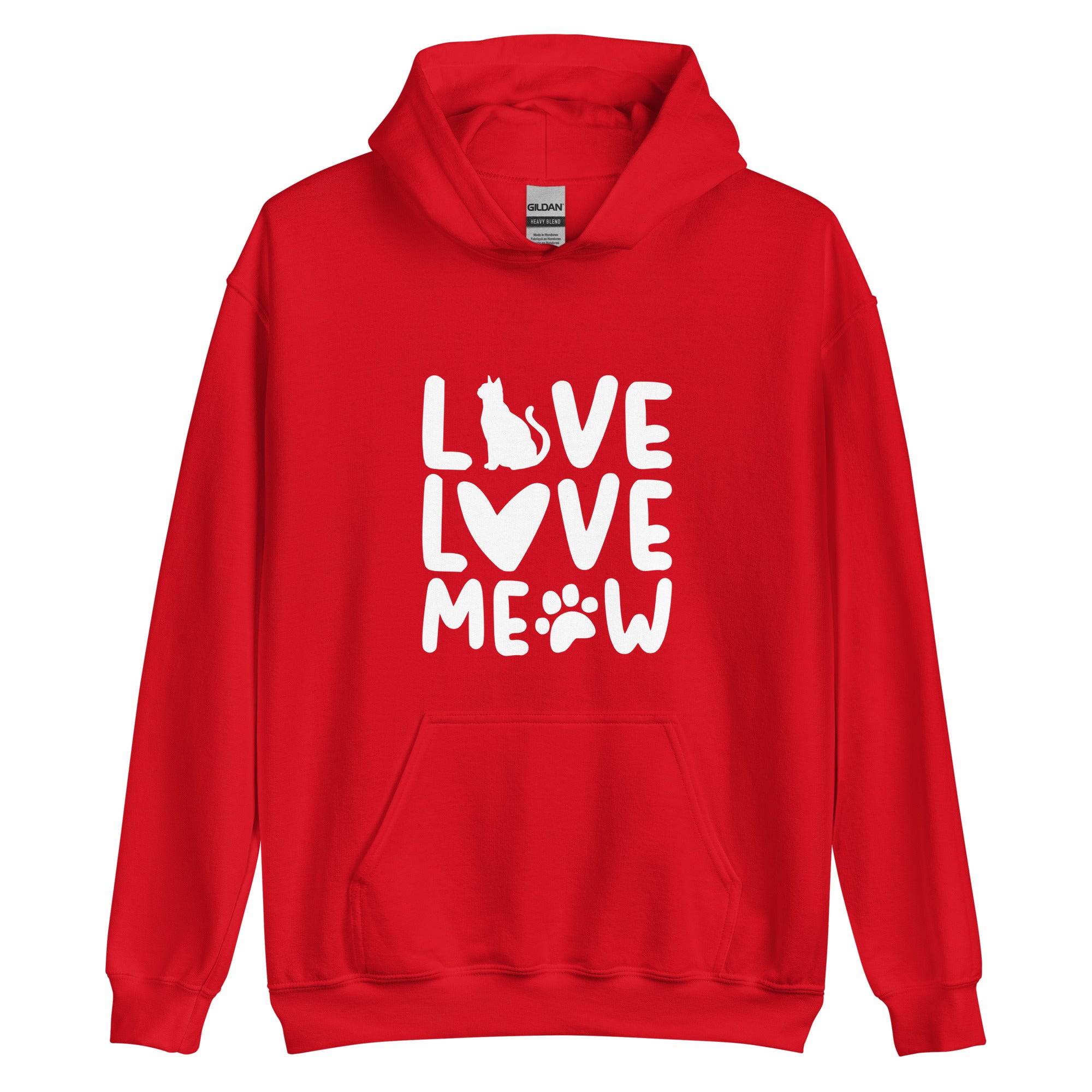 Red cat hoodie with "Live Love Meow" stylized text