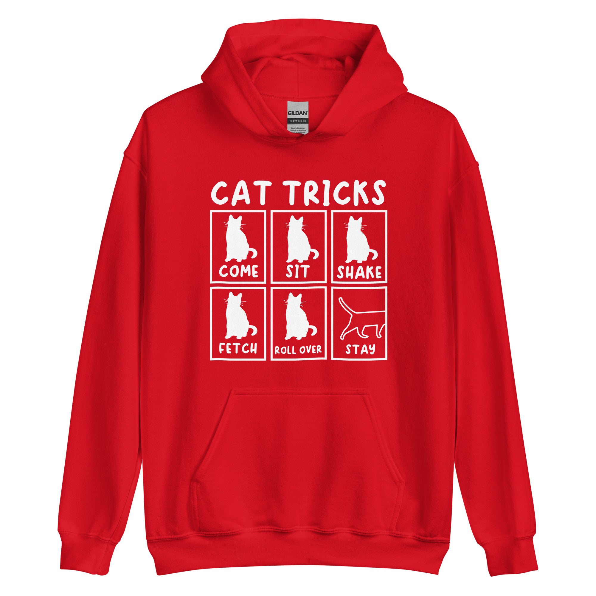 Red Cat Tricks hoodie with pictures of cats performing tricks