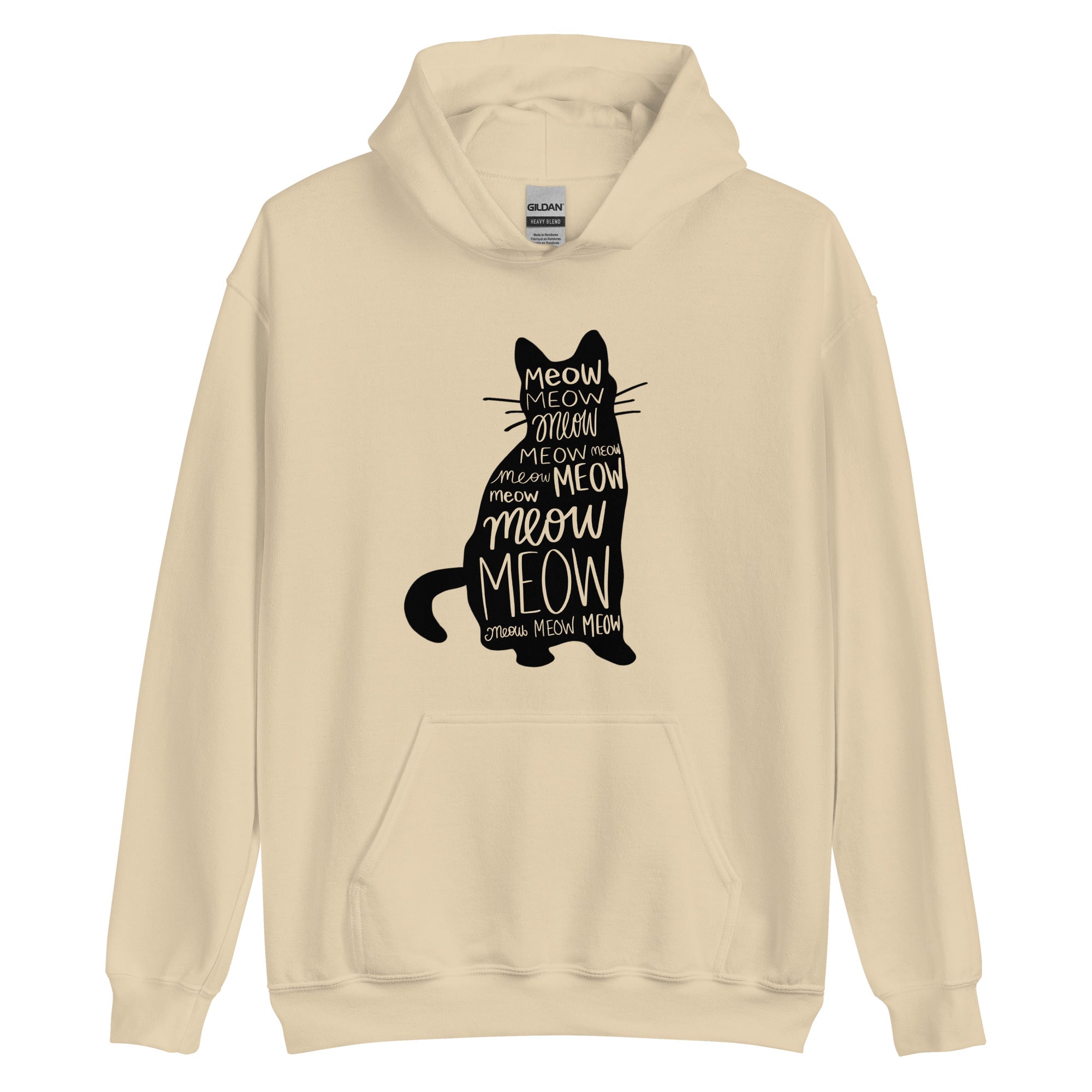 Sandy brown cat hoodie with meow text