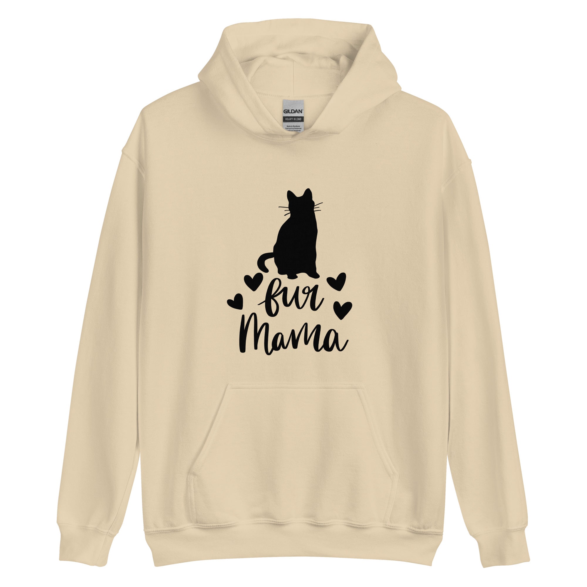 Sandy brown hoodie with "fur mama" cursive text and cat silhouette and 4 hearts