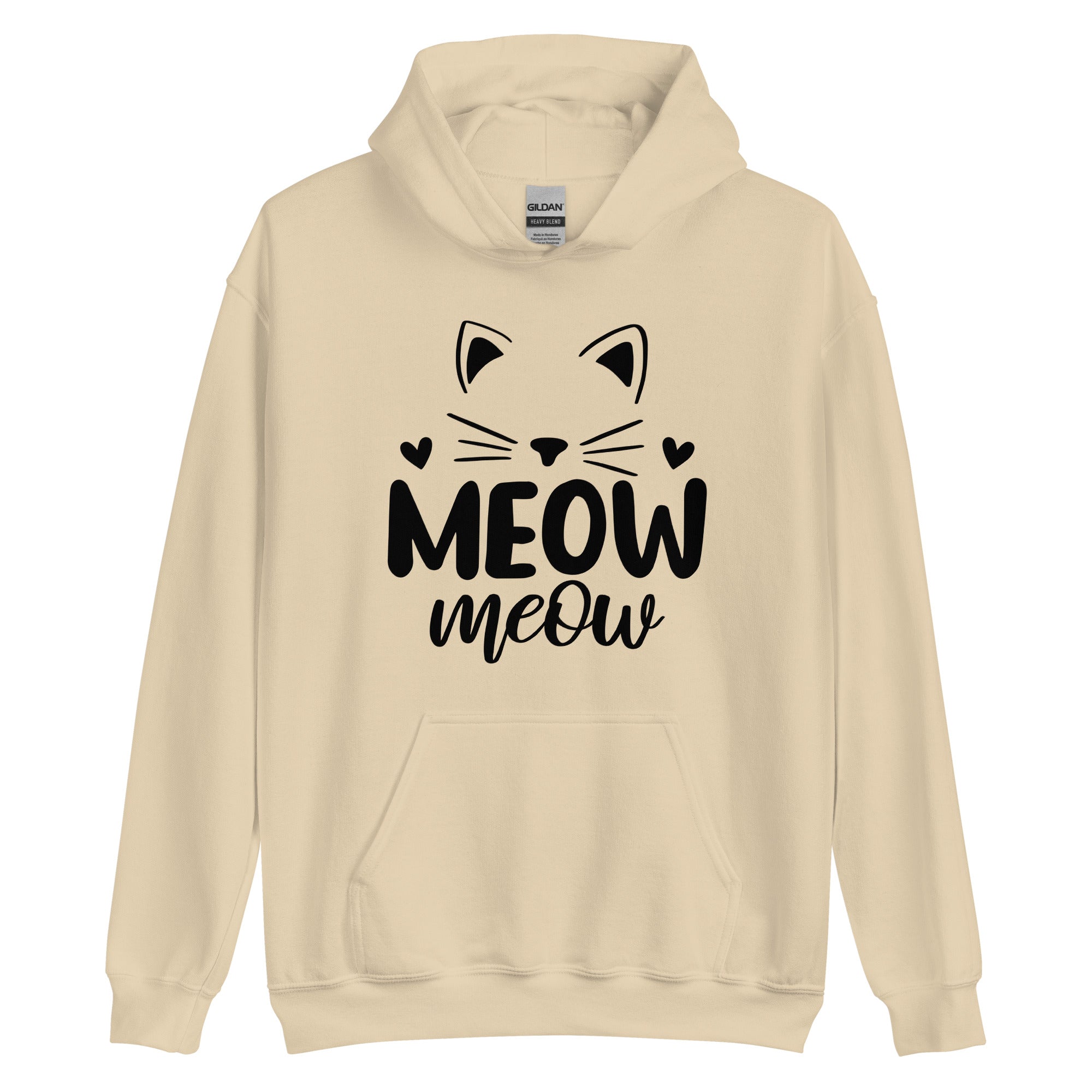 Sandy brown hoodie with cat head outline over "meow meow" text