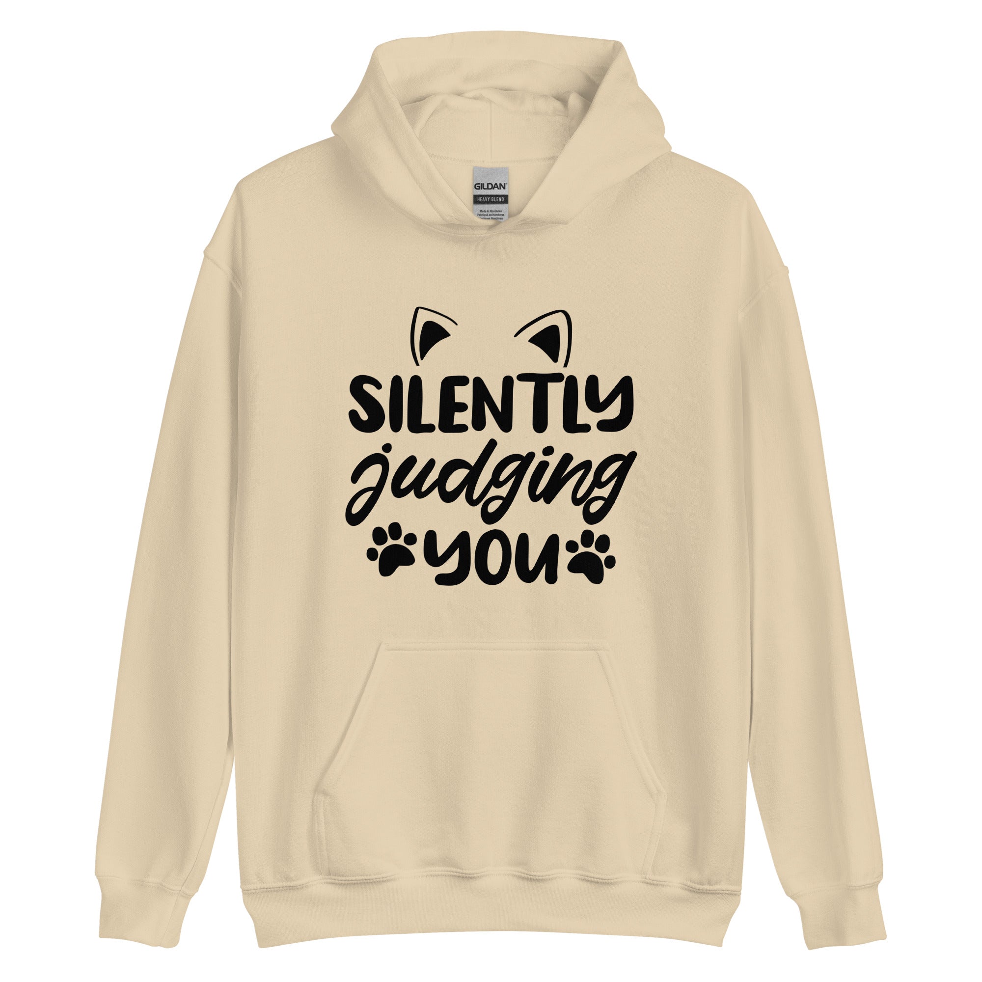 Sandy brown cat hoodie with "silently judging hoodie" text and cat ear and paw print graphics