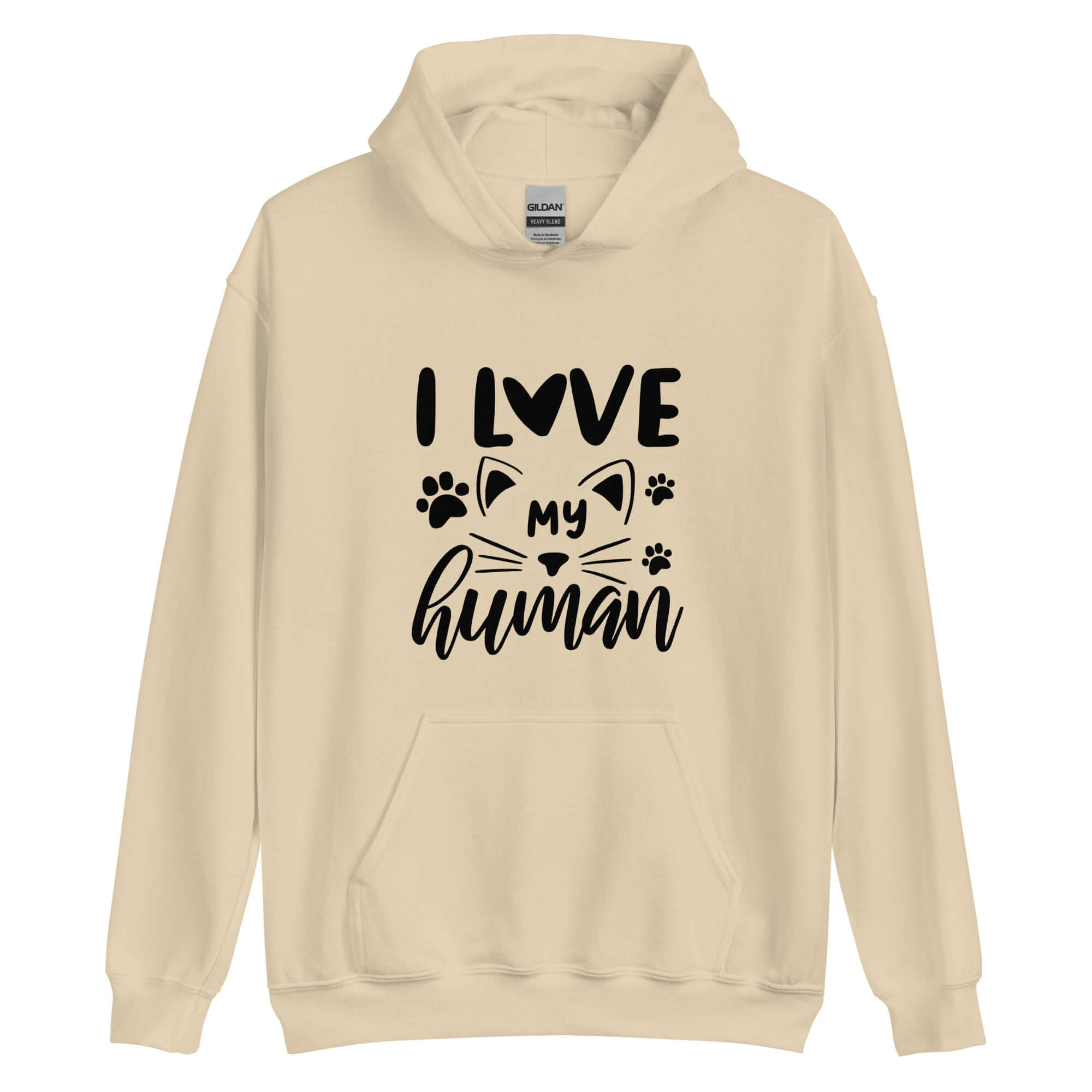 Sandy brown cat hoodie "I love my human" text over cat with pawprints 