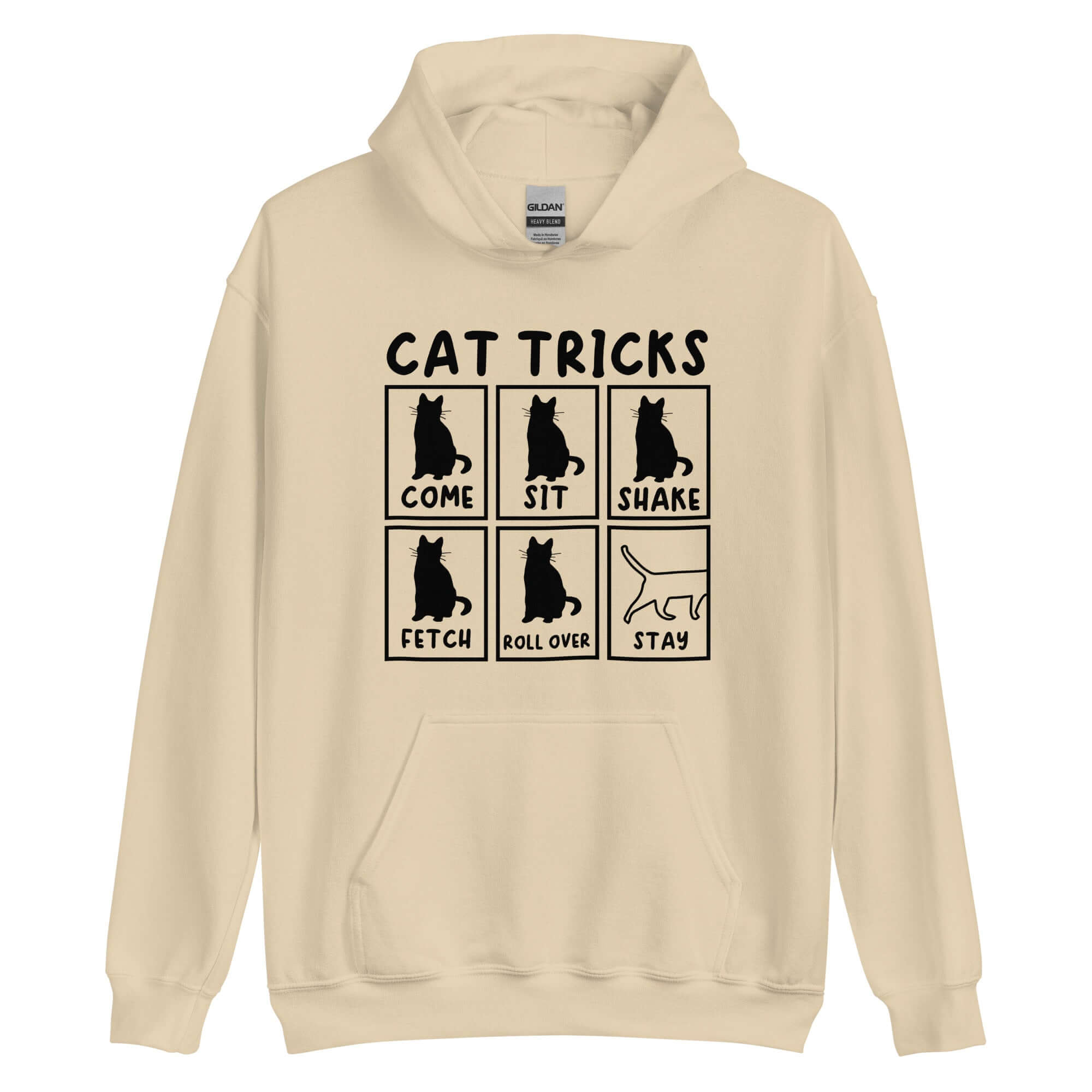 Sandy brown Cat Tricks hoodie with pictures of cats performing tricks