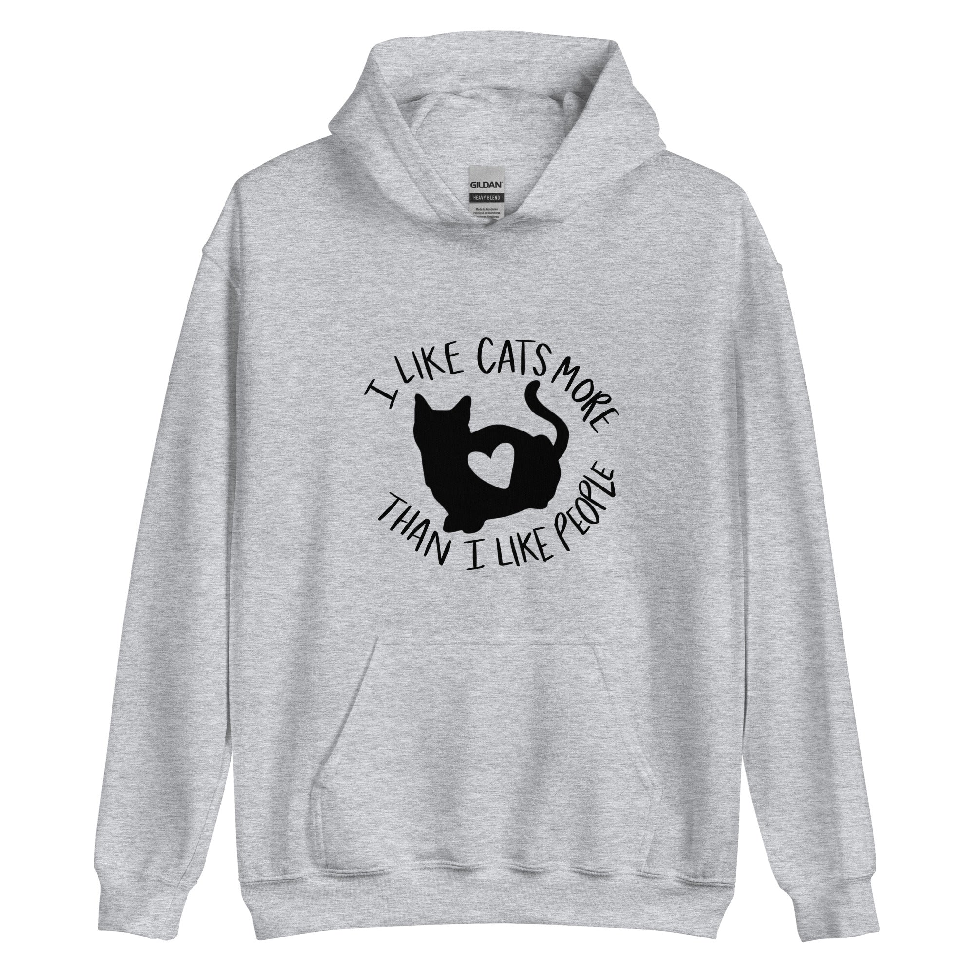 Light grey hoodie with a cat with a heart on front
