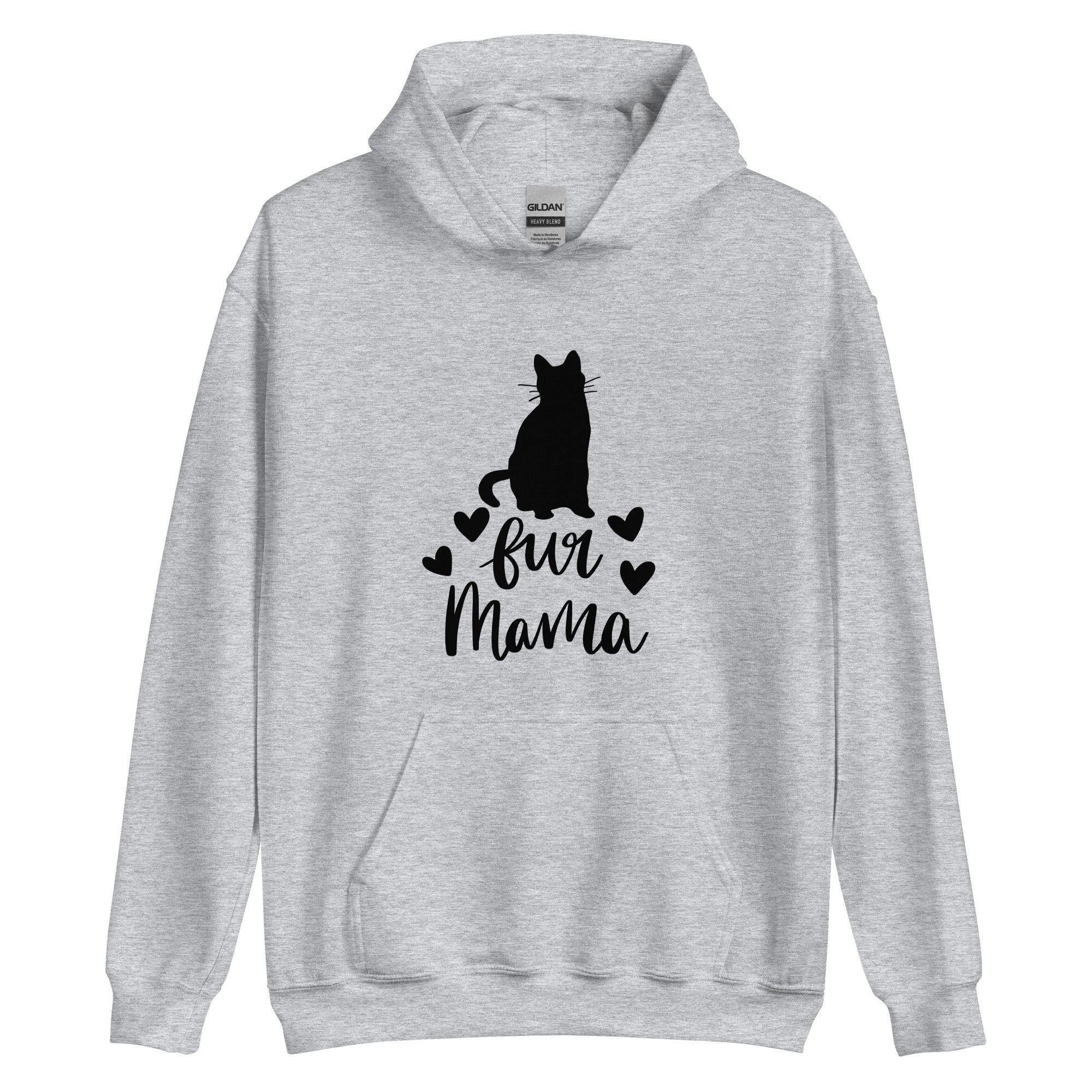 Light grey hoodie with "fur mama" cursive text and cat silhouette and 4 hearts