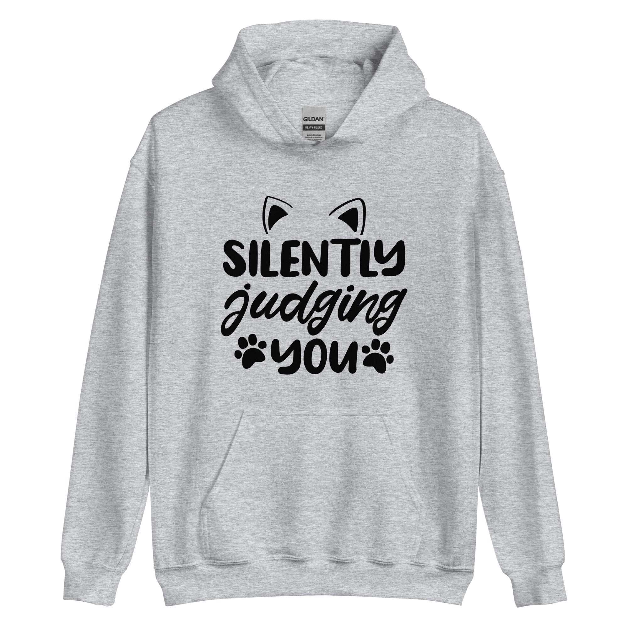 Light grey cat hoodie with "silently judging hoodie" text and cat ear and paw print graphics