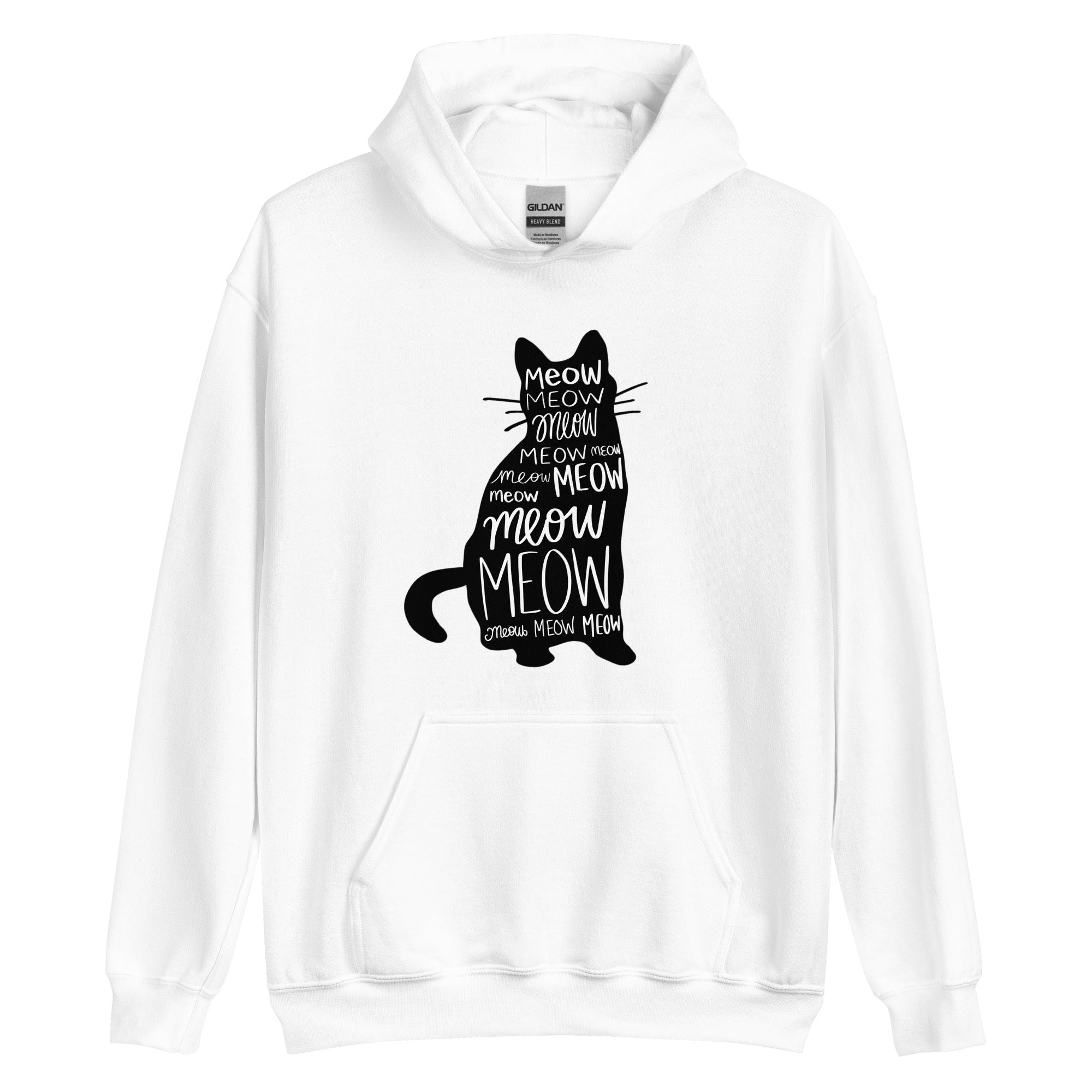 White cat hoodie with meow text