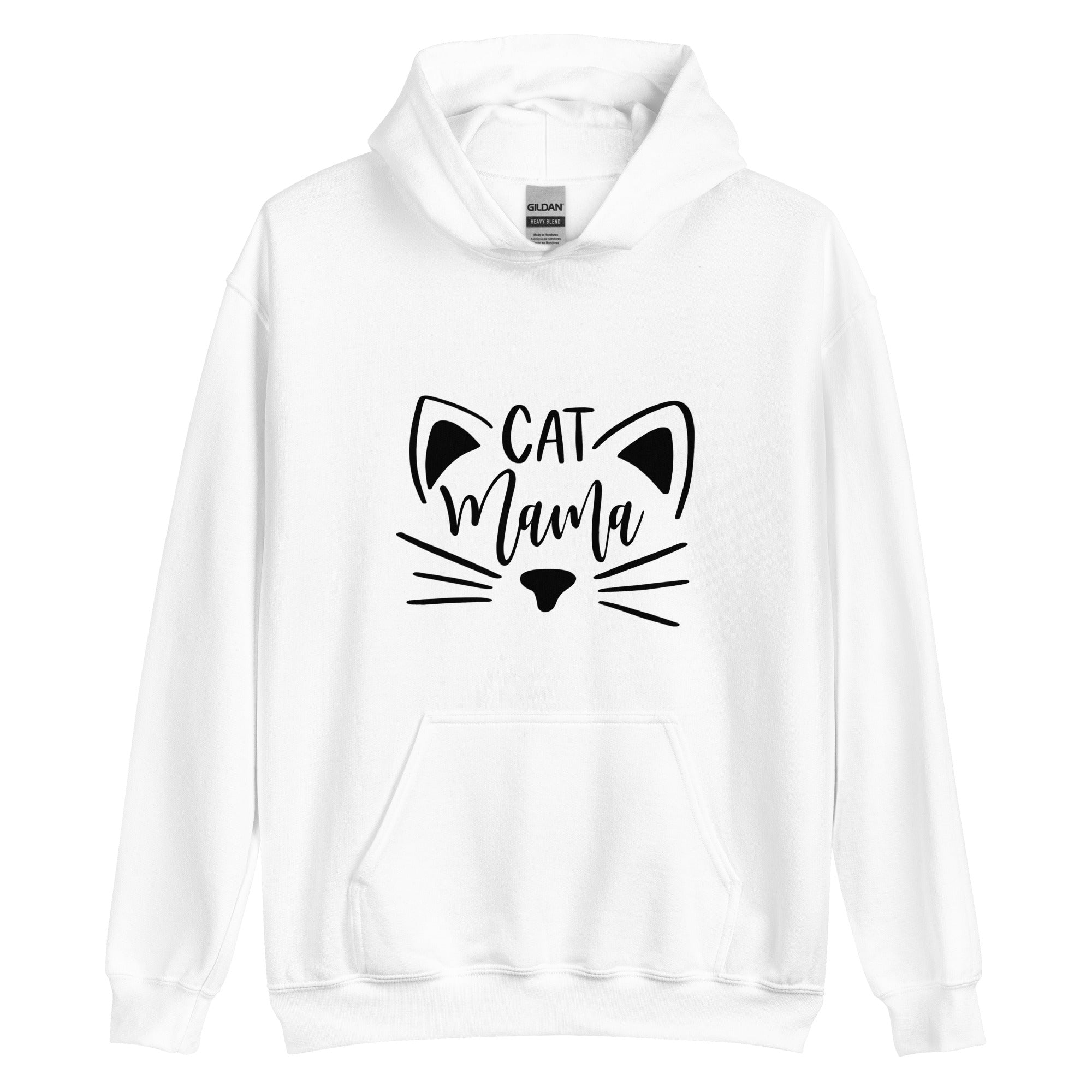 White hoodie with "Cat mama" and cat face outline