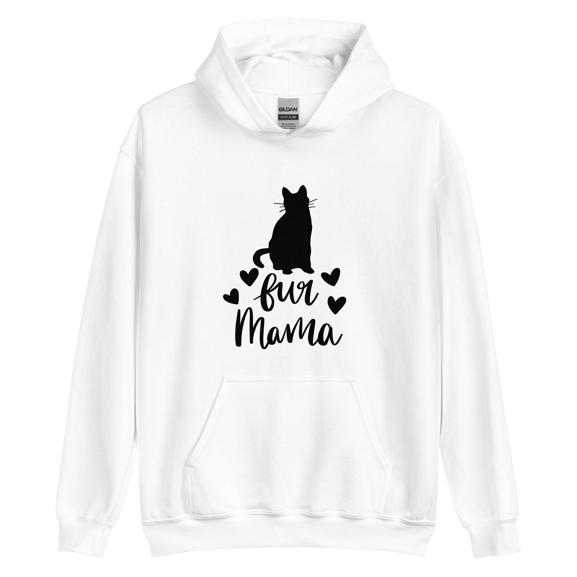 White hoodie with "fur mama" cursive text and cat silhouette and 4 hearts