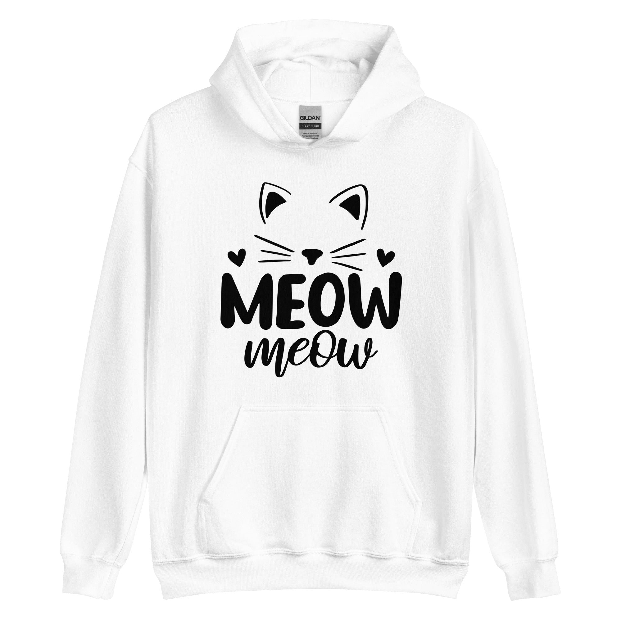 White hoodie with cat head outline over "meow meow" text