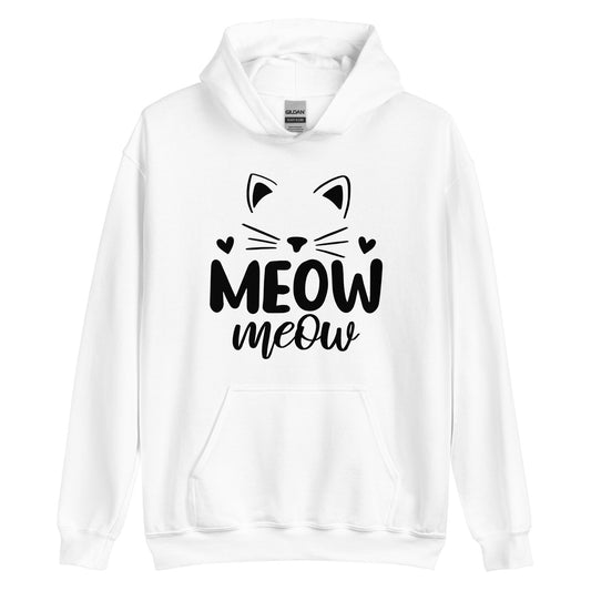 White hoodie with cat head outline over "meow meow" text
