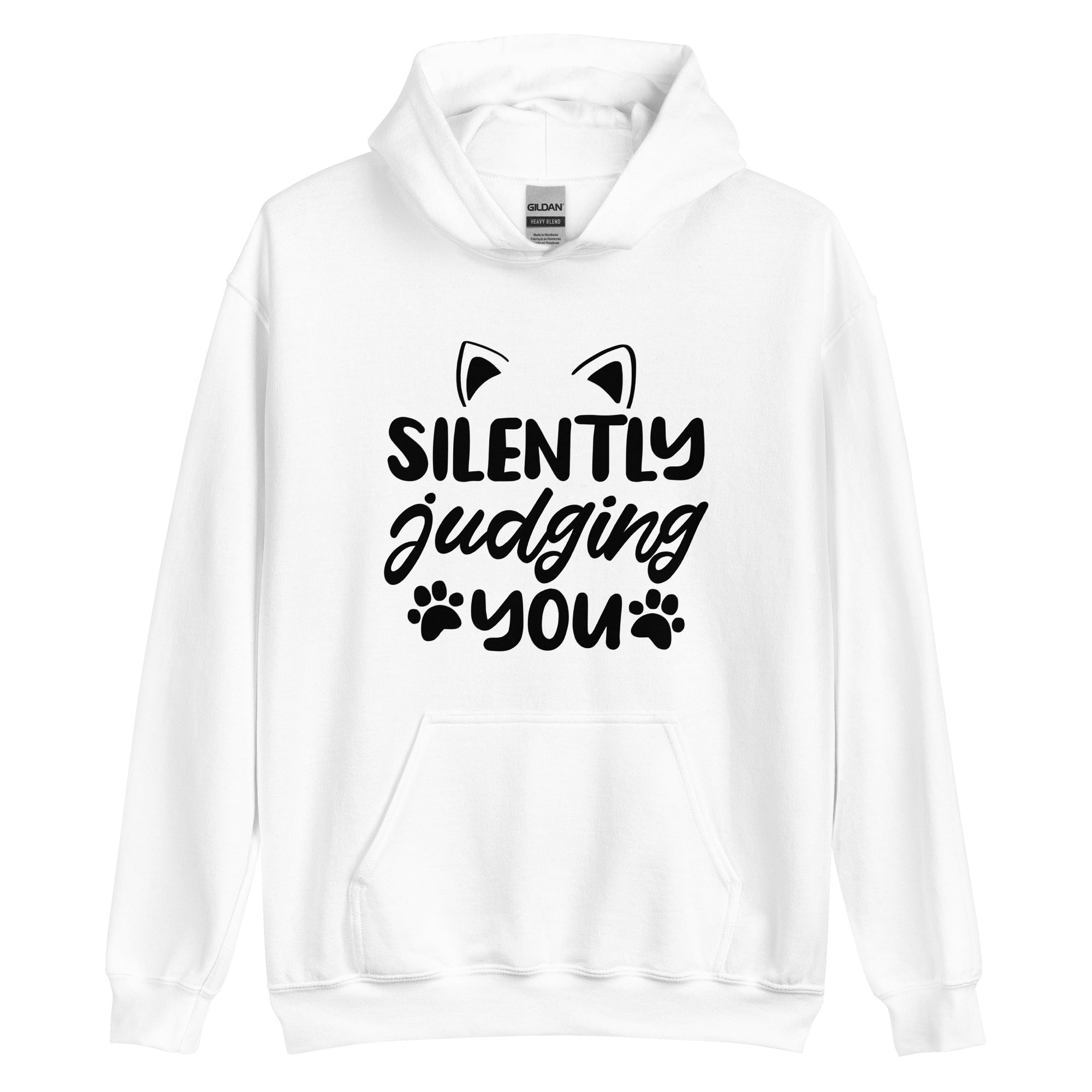 White cat hoodie with "silently judging hoodie" text and cat ear and paw print graphics