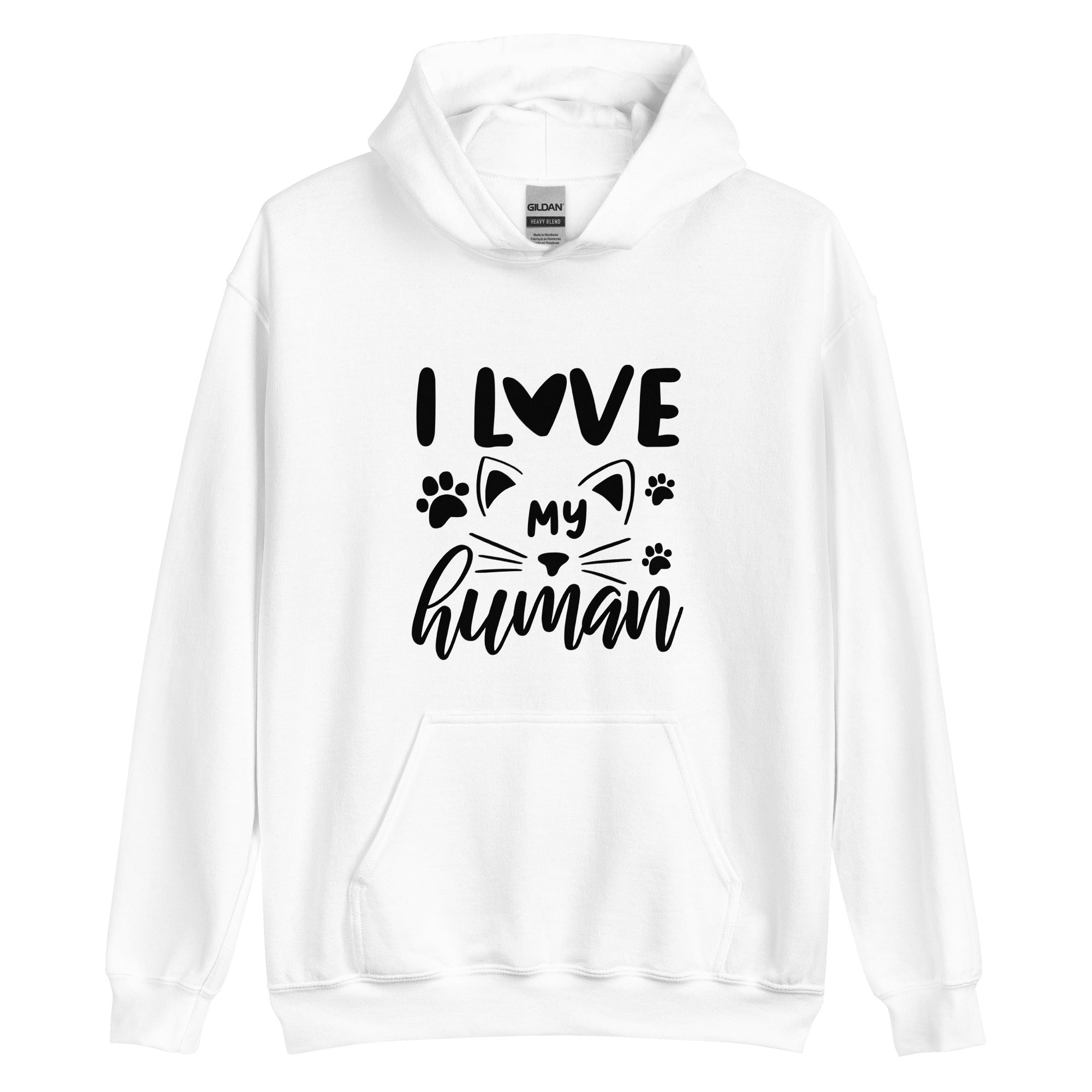 White cat hoodie "I love my human" text over cat with pawprints 