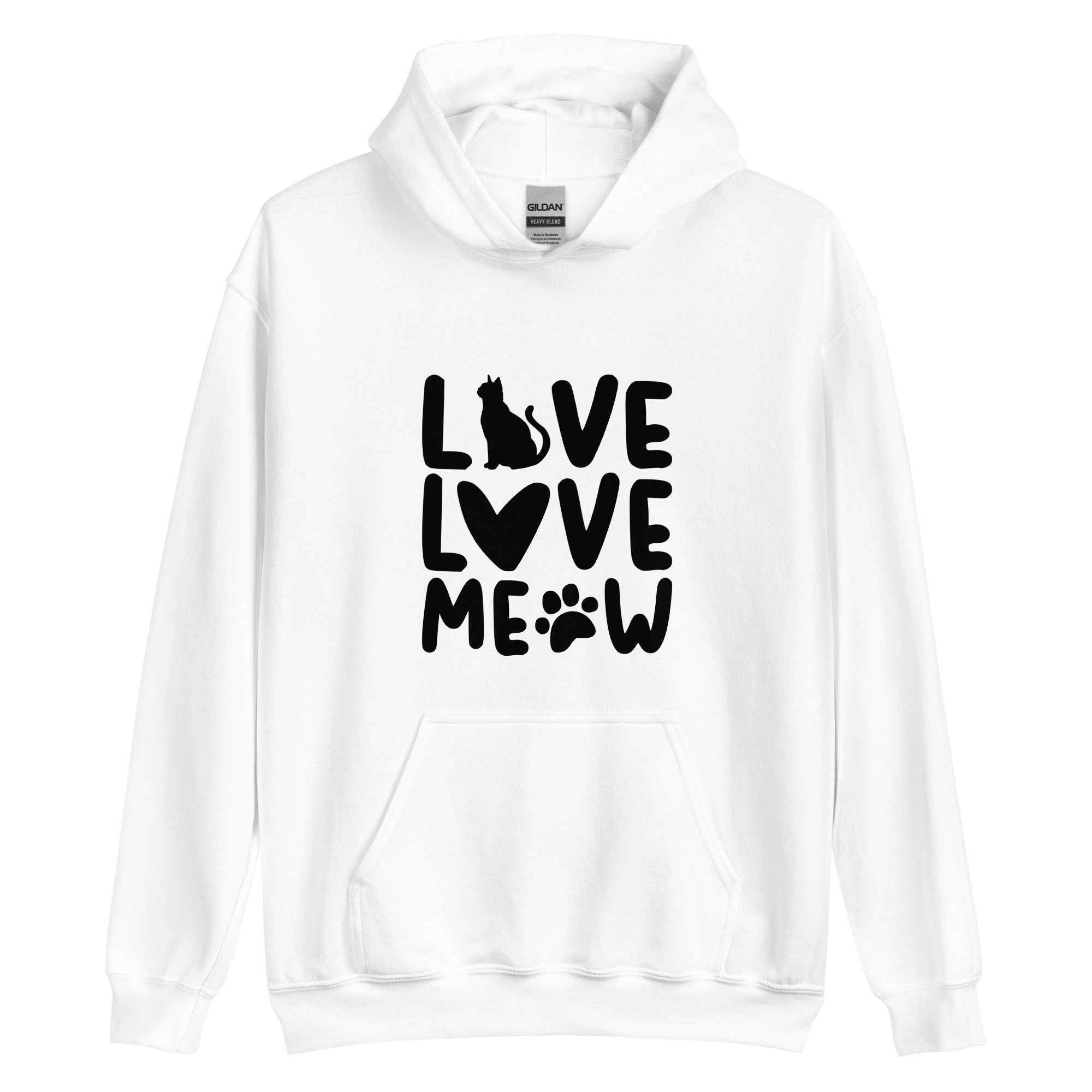 White cat hoodie with "Live Love Meow" stylized text