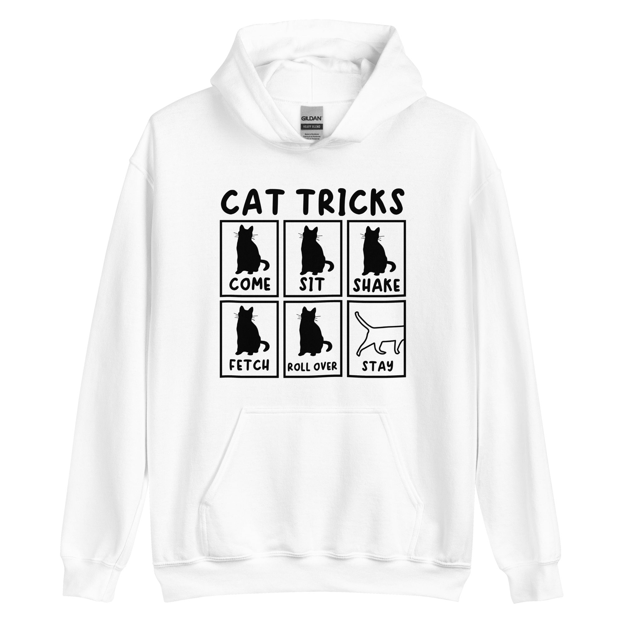 White Cat Tricks hoodie with pictures of cats performing tricks