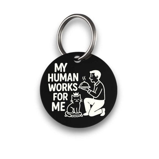 Funny black pet ID tag with 'My Human Works For Me' engraved — personalized dog or cat tag for pet safety and identification.