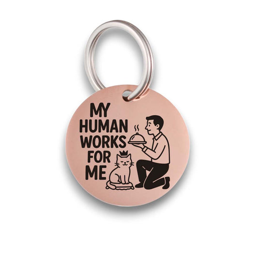 Funny rose gold pet ID tag with 'My Human Works For Me' engraved — personalized dog or cat tag for pet safety and identification.