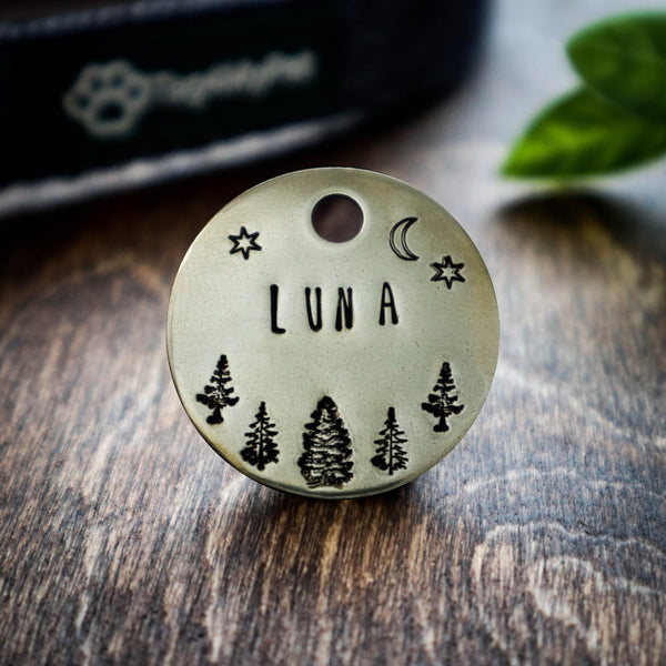 Dog Tag in Gold and handstamped with trees and half-moon
