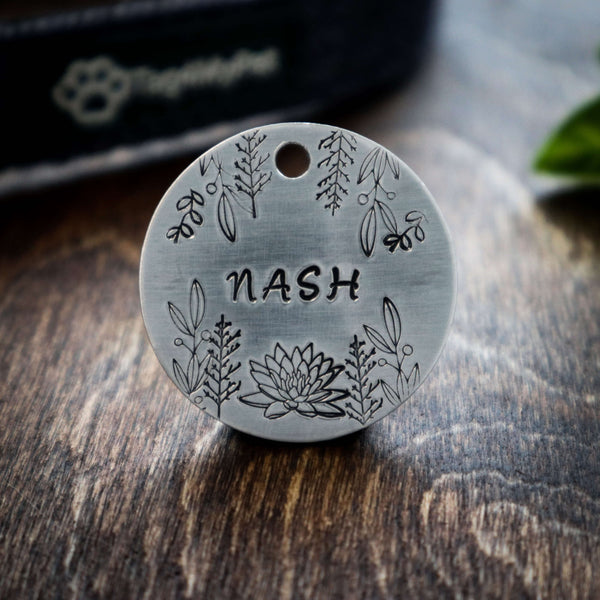 Handstamped Dog Tag with plants and flowers | Tag4MyPet