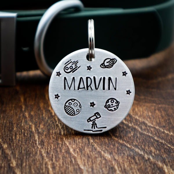 Dog ID Tag Space Theme Handstamped