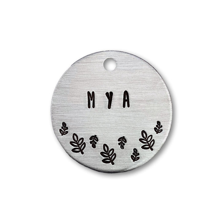 Dog name tag circle in silver handstamped